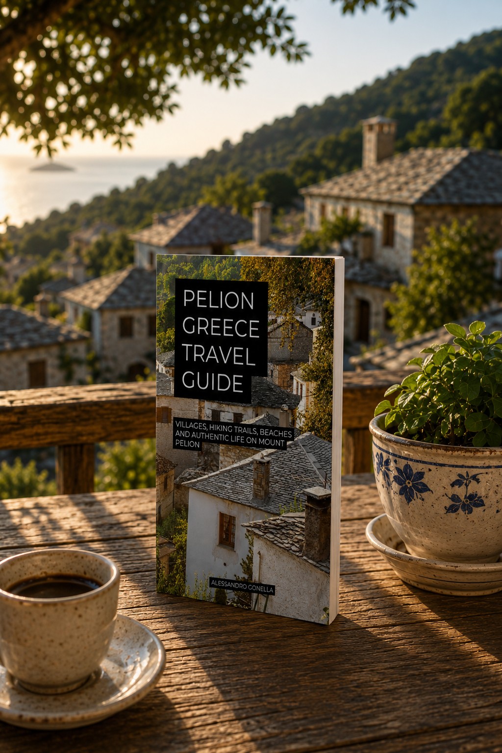 The Pelion Greece Travel Guide paperback standing on a wooden table on Mount Pelion, overlooking a stone-roofed village and the sea